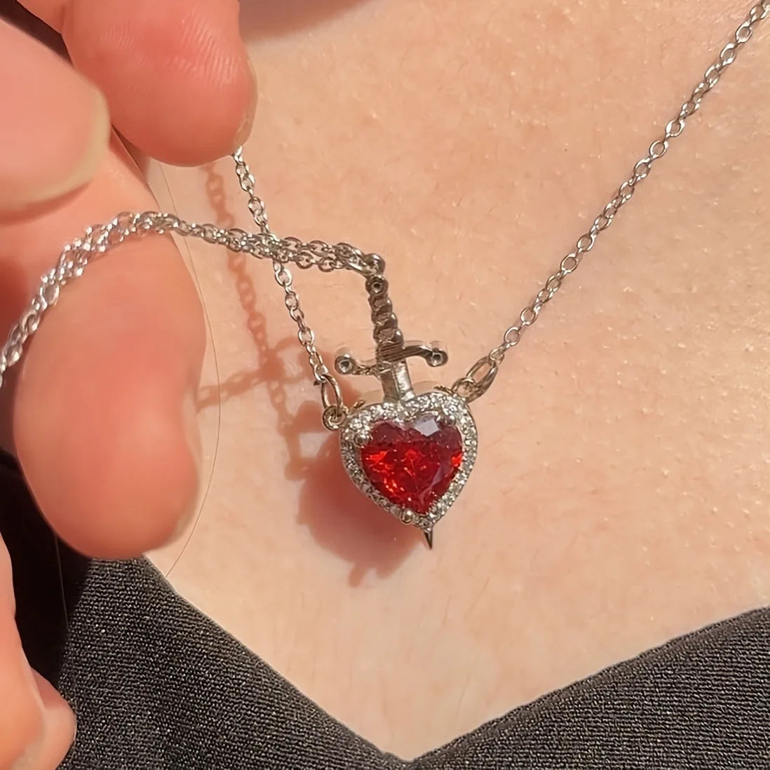 Heart and Sword Zircon Pendant Necklace Set