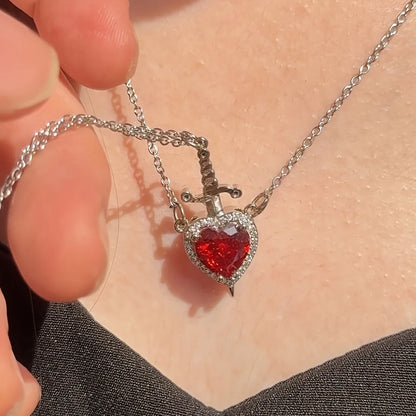 Heart and Sword Zircon Pendant Necklace Set
