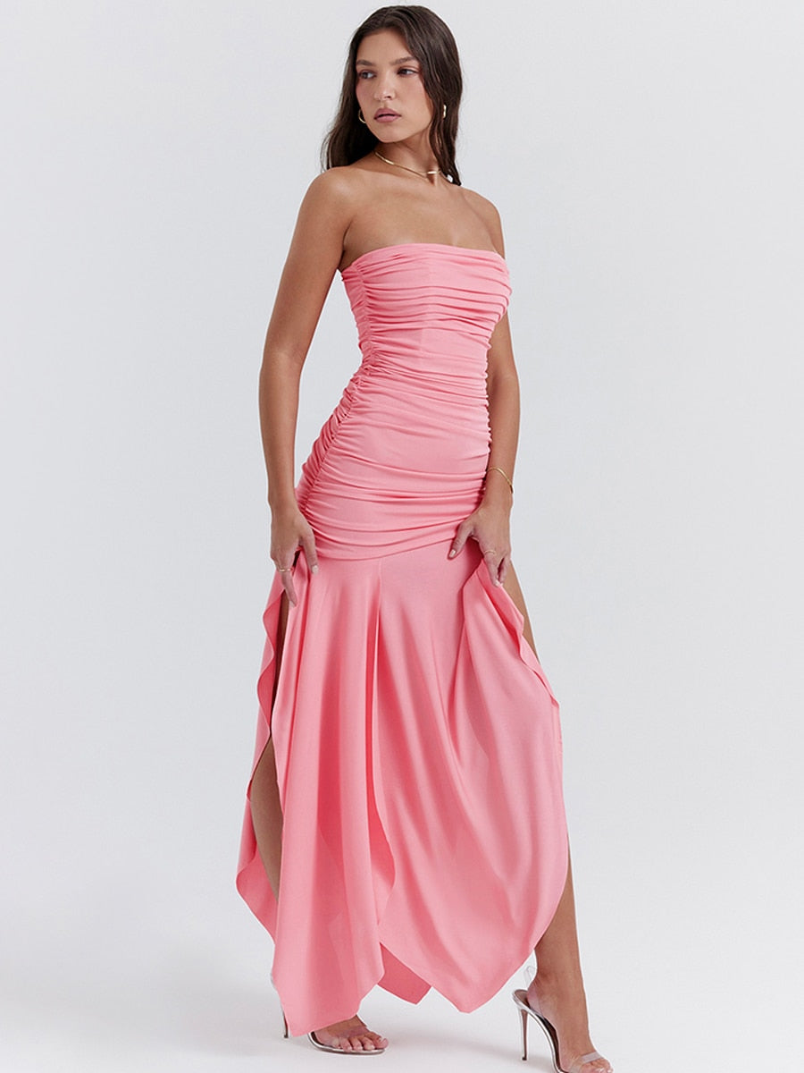 Pink Ruched Frill Tube Midi Dress