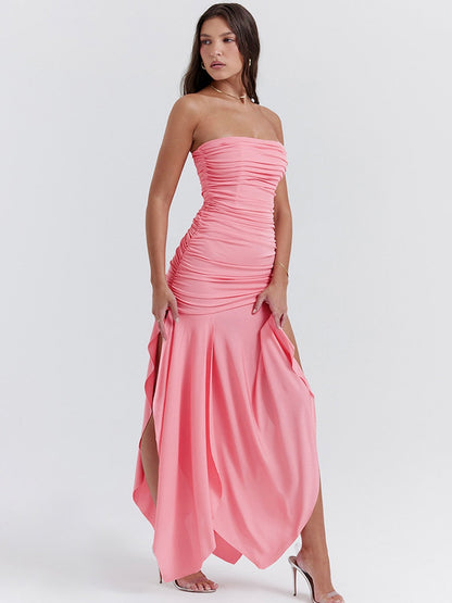 Pink Ruched Frill Tube Midi Dress