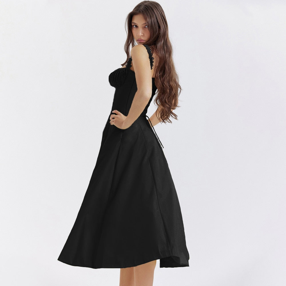 V-neck Doily Trim Frill Midi Dress