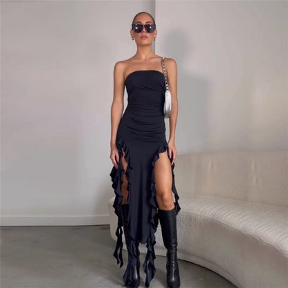 Ruffle Fringe Double Slit Tube Midi Dress