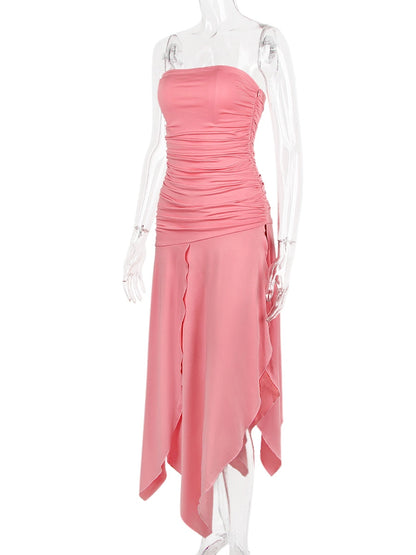 Pink Ruched Frill Tube Midi Dress