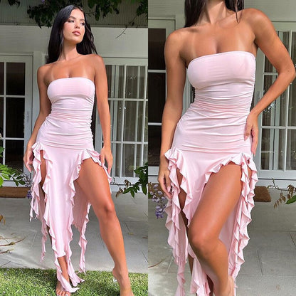 Ruffle Fringe Double Slit Tube Midi Dress