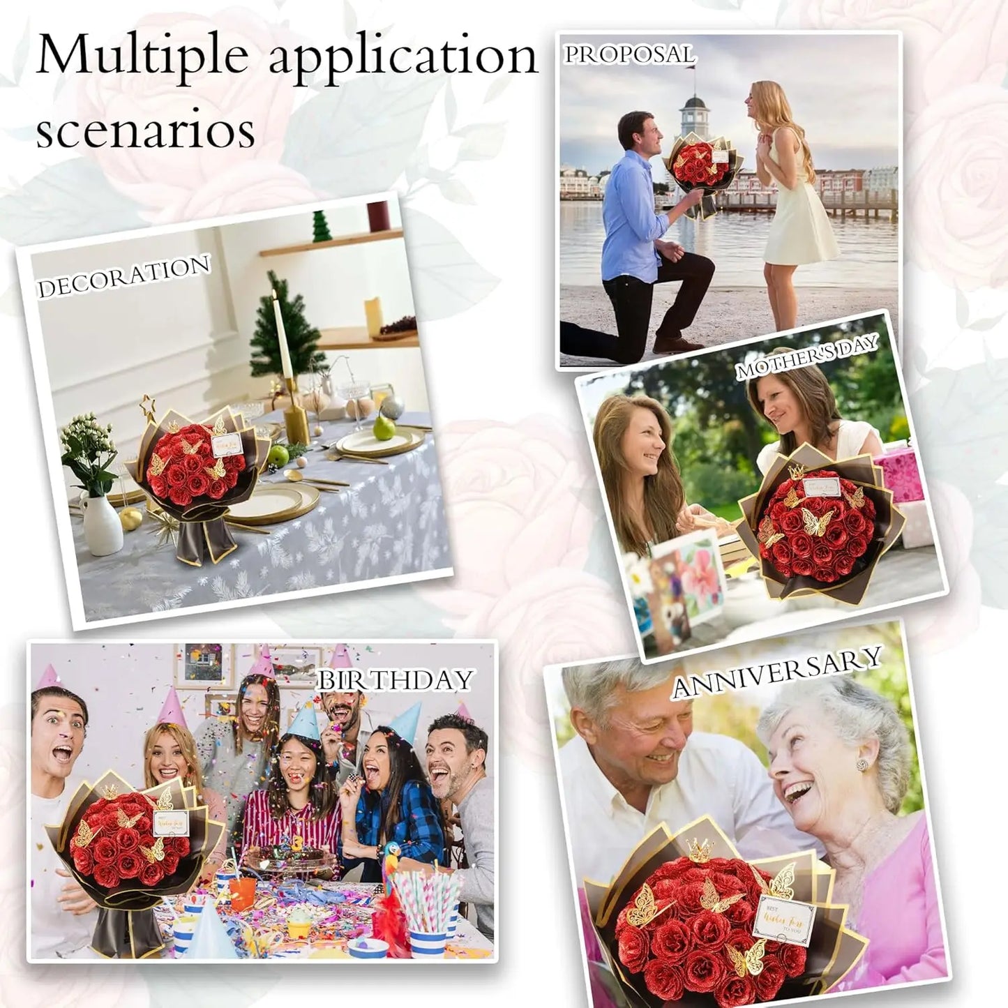 Glitter Artificial Rose Bouquet 24PCS for Wedding Decor