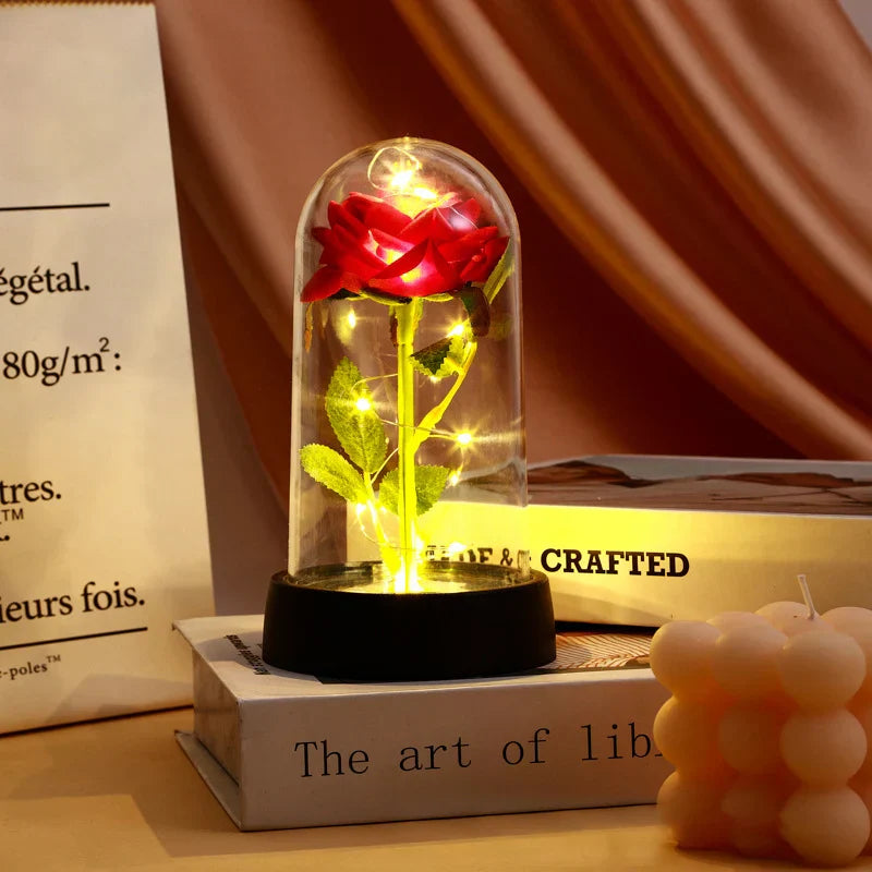 Eternal Rose in Glass Dome with LED Light - Romantic Gift for Valentine's Day, Christmas, or Birthday