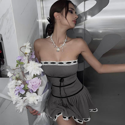 Grey Tube Lace Strap Mini Dress