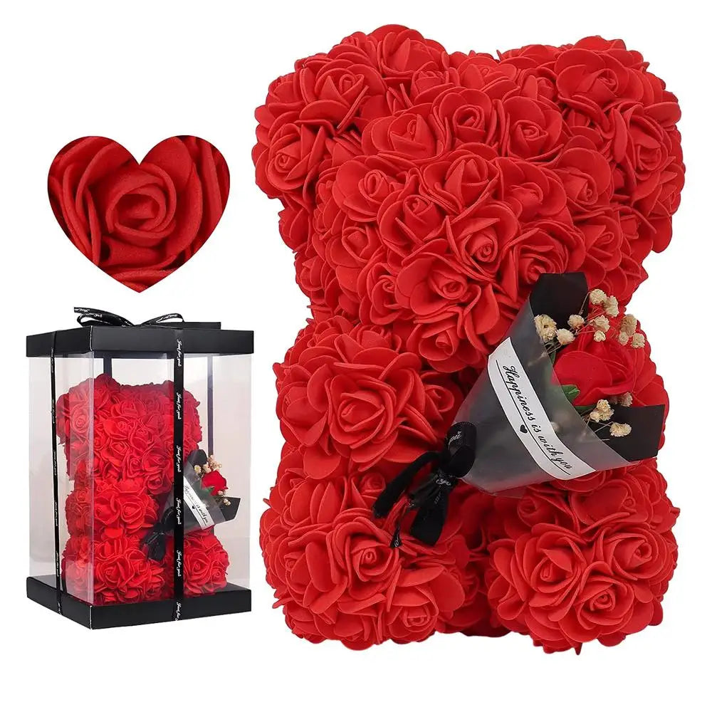 Rose Bear in Clear Box - Handmade Artificial Flower Gift for Valentine's Day, Birthday, or Special Occasion