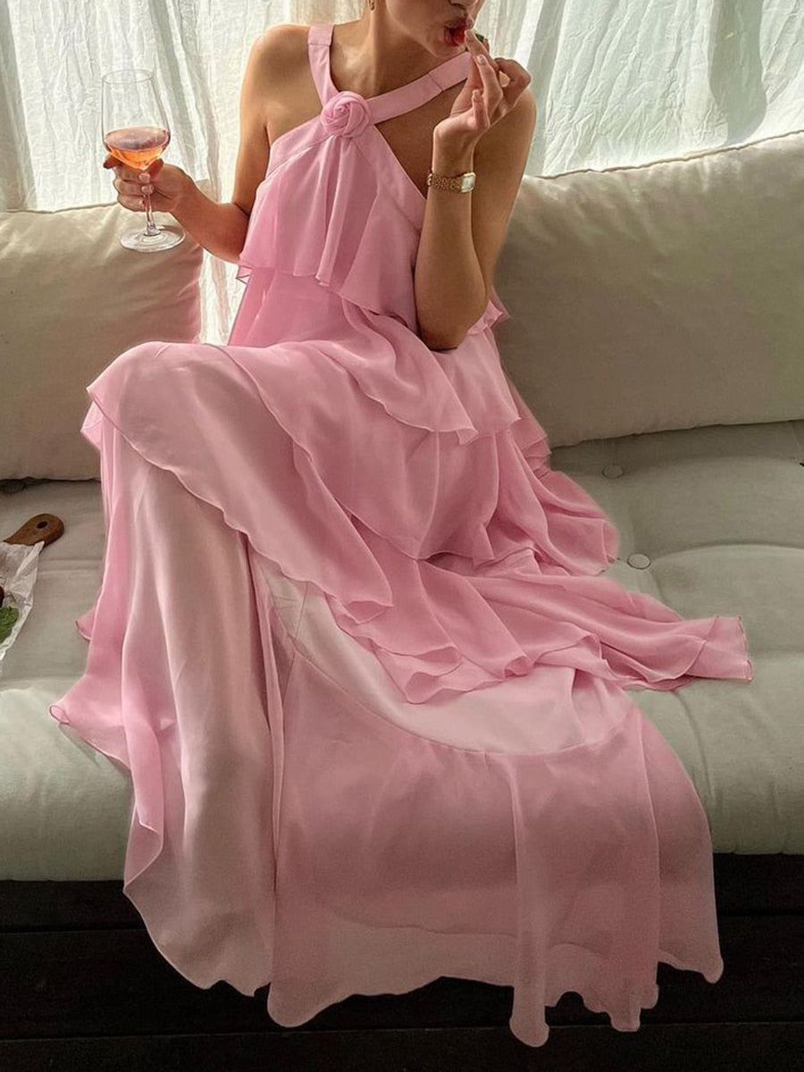 Pink Halter Ruffled Layered Maxi Dress