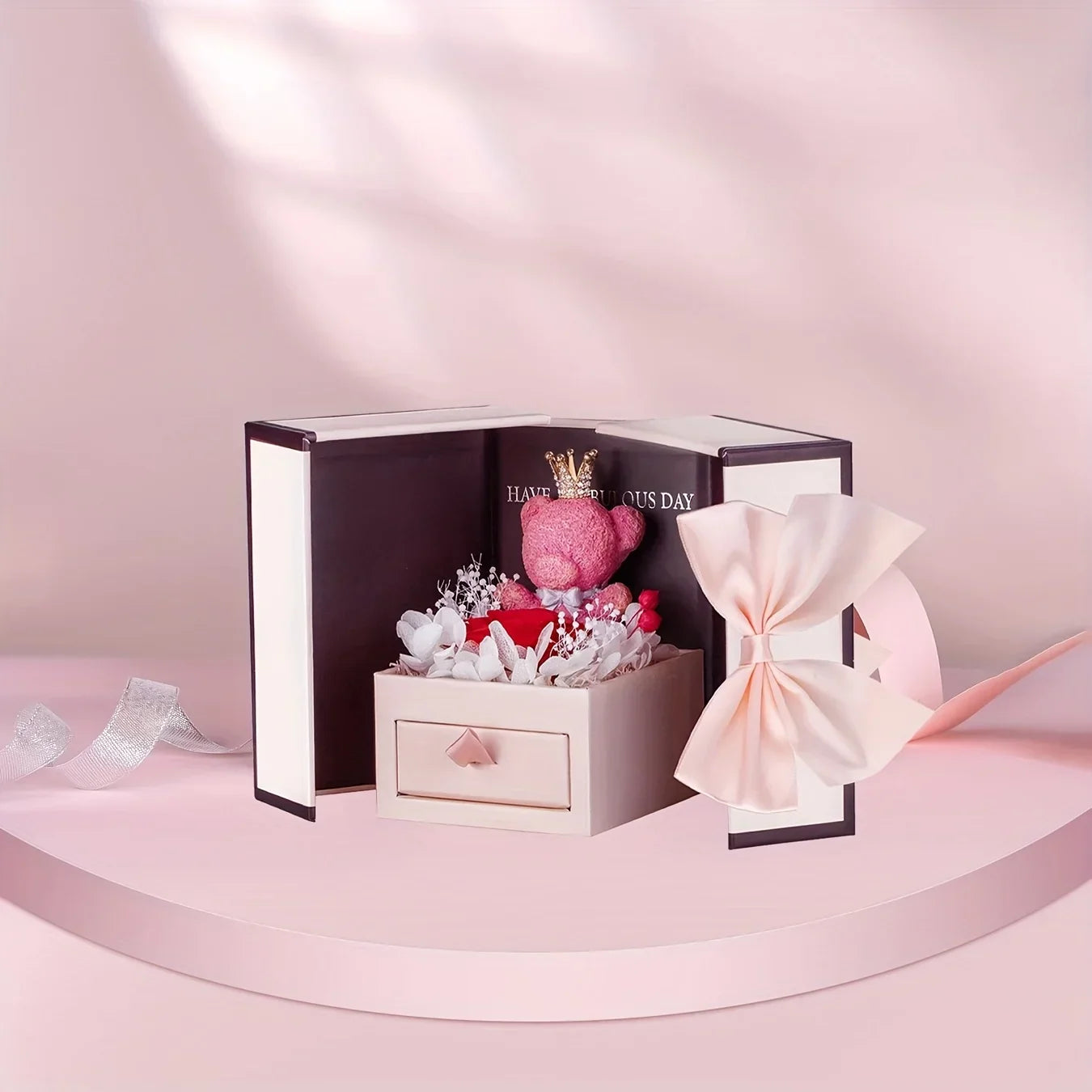 Heartbeat Pendant Necklace with Teddy Bear and Rose Gift Box
