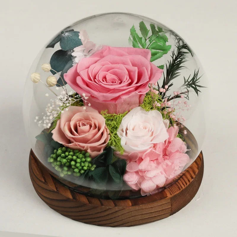 Preserved Red Rose and Carnation Dome with Wooden Base