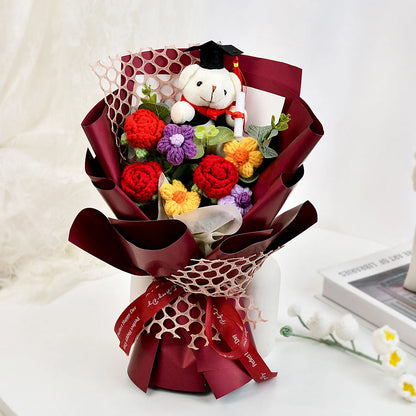 Handmade Crochet Flower Bouquet with Sunflower, Rose, and Bear - Gift for Graduation, Birthday, or Christmas