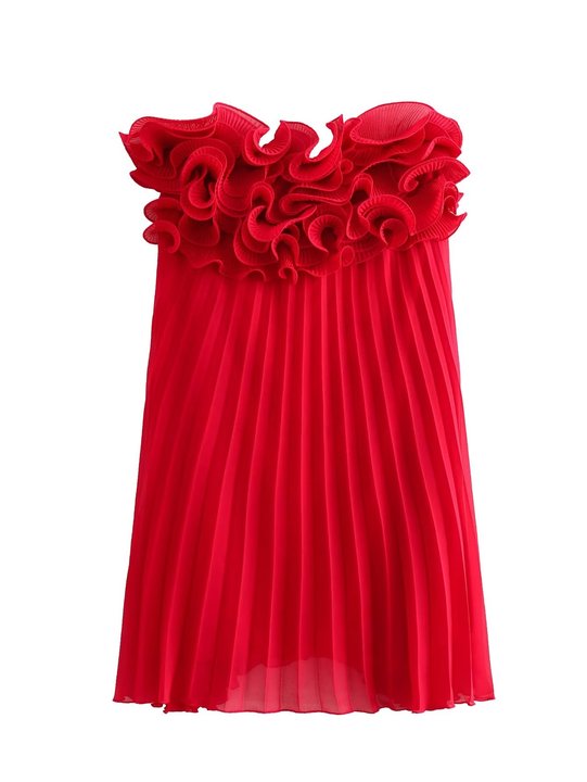 Red Ruffled Pleated Strapless Mini Dress
