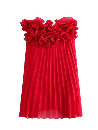 Red Ruffled Pleated Strapless Mini Dress