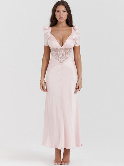 Pink Satin V-Neck Puff Sleeve Lace Patchwork Midi Dress