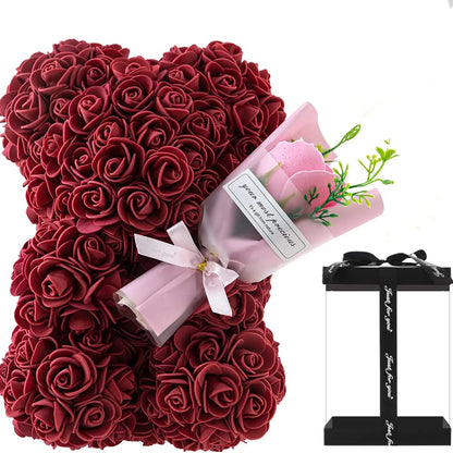 Rose Bear with Flower Bouquet 24cm