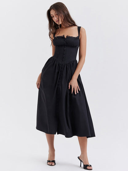 Strappy Corset Flowy Midi Dress With Pocket