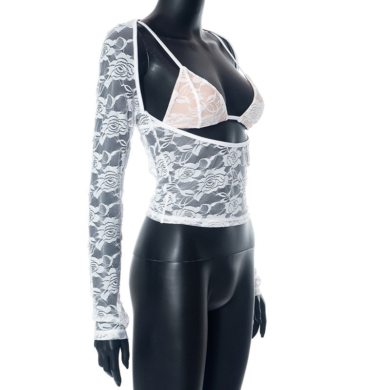 Lace Sheer Long Sleeve Cut Out Bralette Top