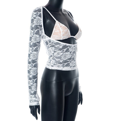 Lace Sheer Long Sleeve Cut Out Bralette Top
