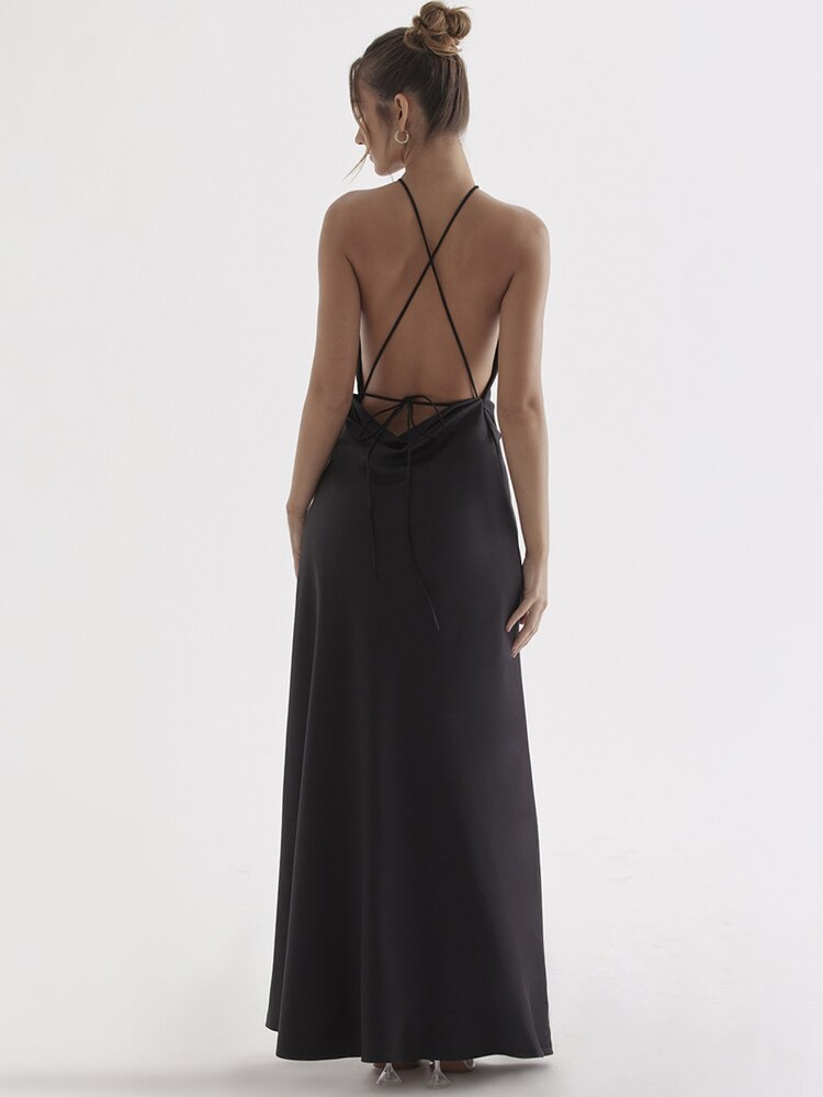 Satin Backless Halter Maxi Dress