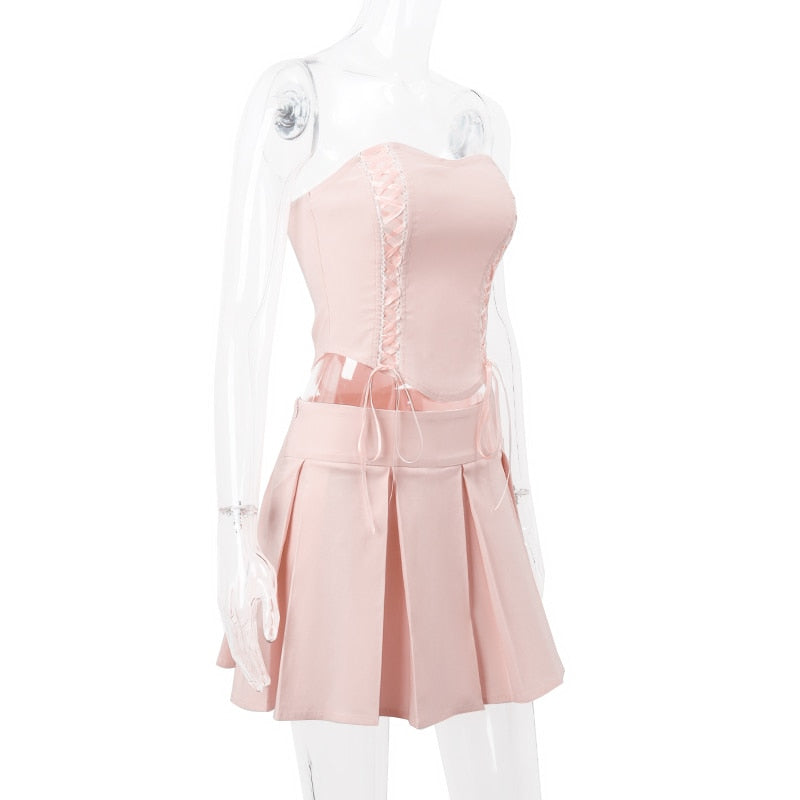 Pink Lace Up Corset And Pleated Mini Skirt Set