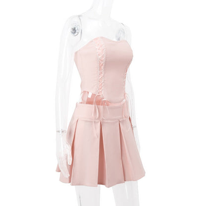 Pink Lace Up Corset And Pleated Mini Skirt Set