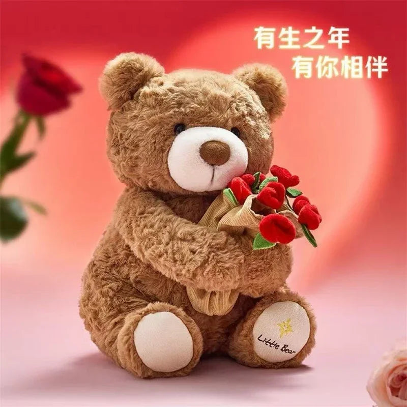 Kawaii Teddy Bear with Roses Plush - Soft Stuffed Bear for Valentine's Day and Romantic Gifts