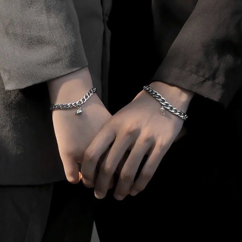 Magnetic Heart Couple Bracelet Set in Stainless Steel