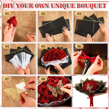 Glitter Artificial Red Rose Bouquet Eternal Silk Roses for Valentine's Day and Birthday Gifts