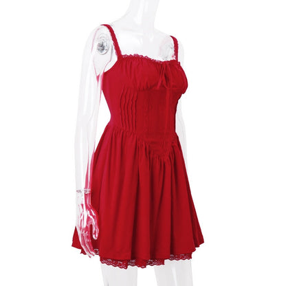 Red Corset Strap Frill Mini Dress