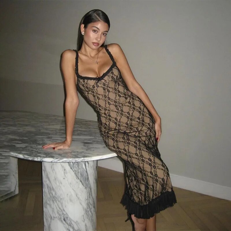 Black Lace Mesh Strap Midi Dress