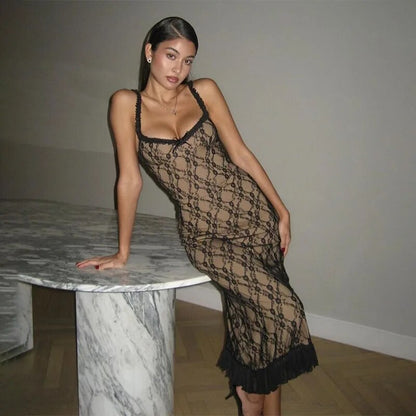 Black Lace Mesh Strap Midi Dress