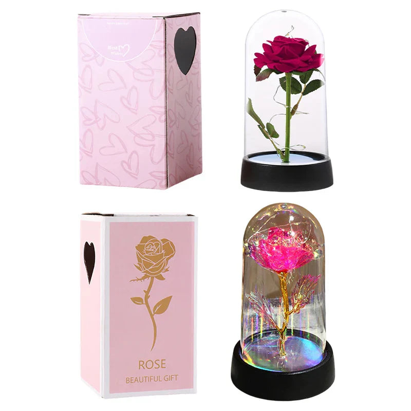 Eternal Rose in Glass Dome with LED Light - Romantic Gift for Valentine's Day, Christmas, or Birthday