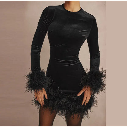 Velvet Long Sleeve Fur Trim Mini Dress