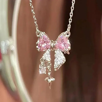 Pink Crystal Bow Pendant Necklace for Women
