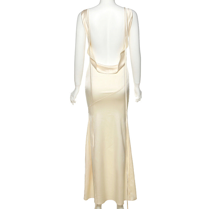 Ivory Satin Backless Maxi Dress