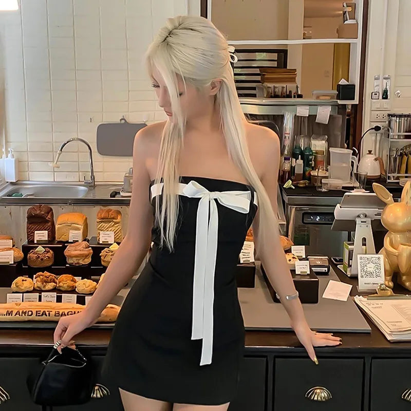 Black Tube White Bow Mini Dress