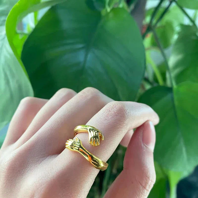 Adjustable Hug Hands Couple Ring in Silver Tone