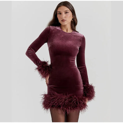 Velvet Long Sleeve Fur Trim Mini Dress