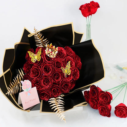 Glitter Artificial Red Rose Bouquet Eternal Silk Roses for Valentine's Day and Birthday Gifts