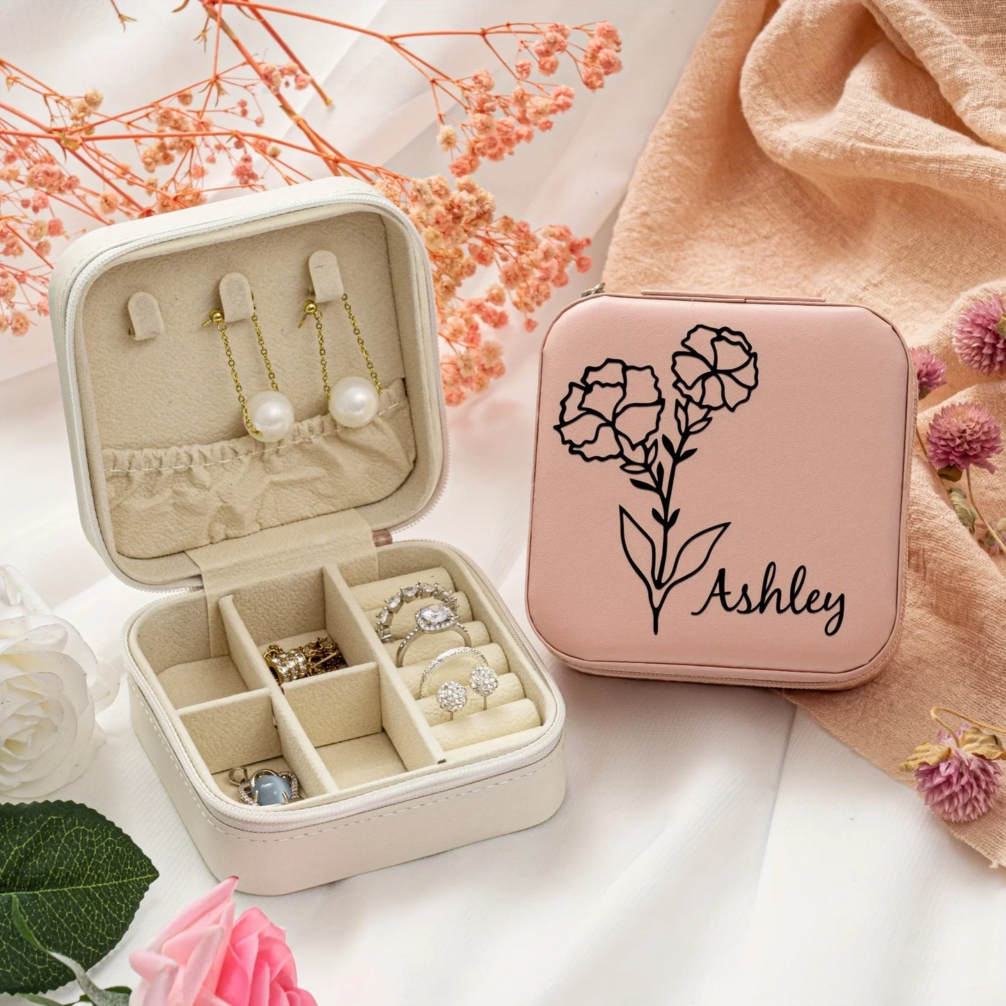 Personalized Name Jewelry Storage Box with Floral Design