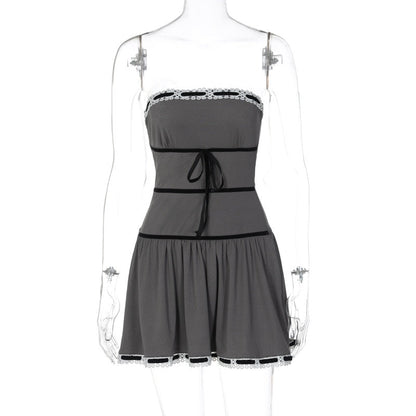 Grey Tube Lace Strap Mini Dress