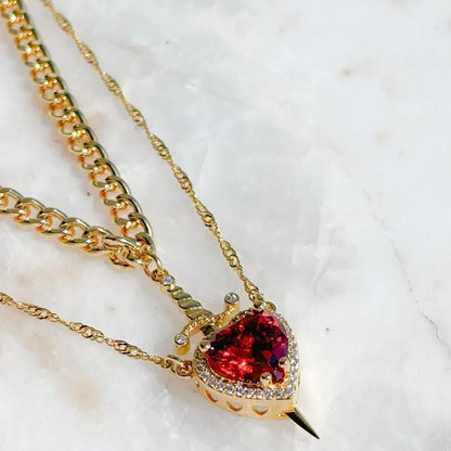 Heart and Sword Zircon Pendant Necklace Set