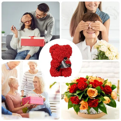 Rose Bear in Clear Box - Handmade Artificial Flower Gift for Valentine's Day, Birthday, or Special Occasion