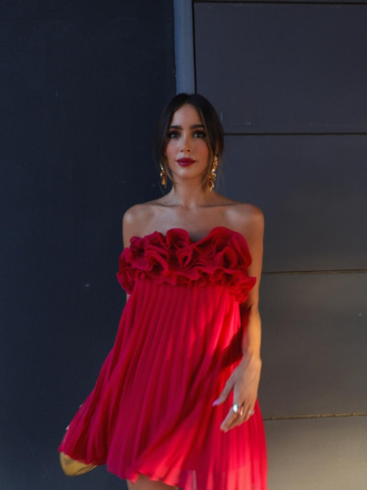 Red Ruffled Pleated Strapless Mini Dress
