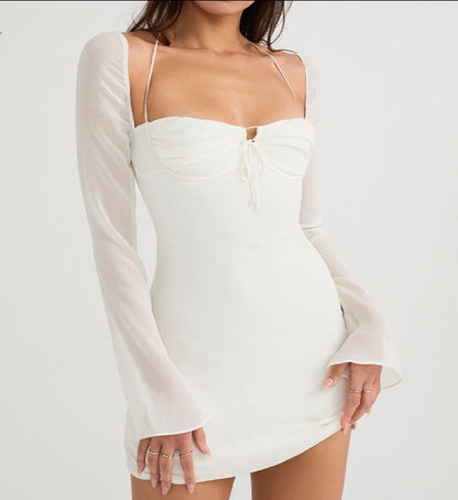 Mesh Long Sleeve Halter Strap Mini Dress