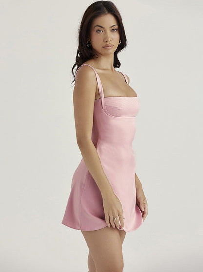 Satin Square Neck Strap Mini Dress