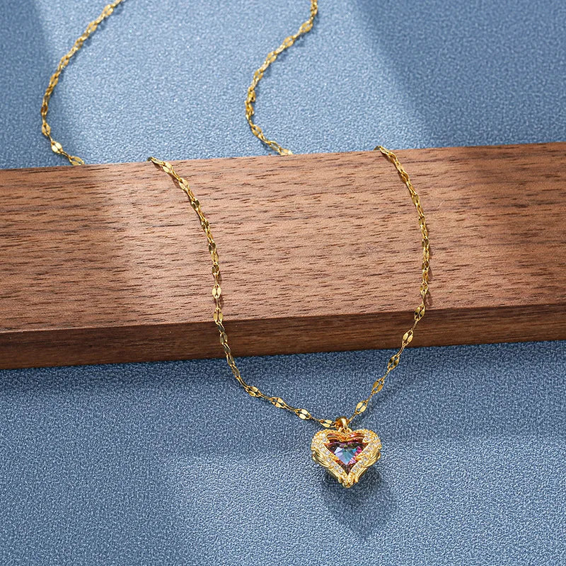 Colorful Ocean Heart Crystal Pendant Necklace