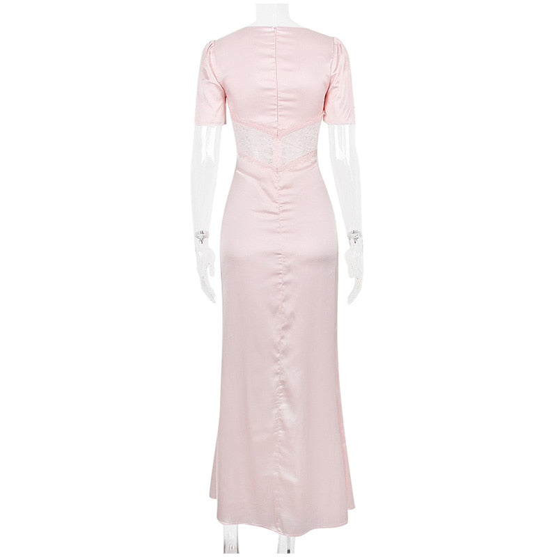 Pink Satin V-Neck Puff Sleeve Lace Patchwork Midi Dress