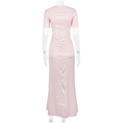 Pink Satin V-Neck Puff Sleeve Lace Patchwork Midi Dress